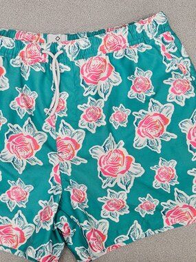 Spearmint Green Rose Swim Trunks by Empyre